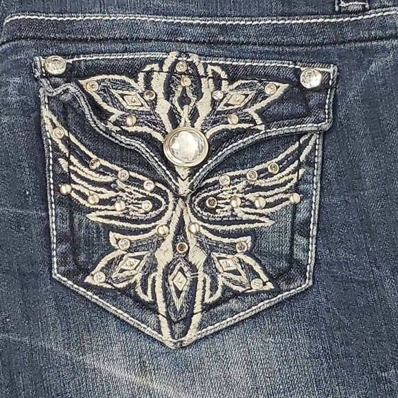 Grace In La Womens Boot Cut Jeans Blue Stretch Embellished Stone Wash Denim 9 - Picture 3 of 12